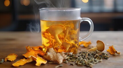 A steaming cup of herbal mushroom tea surrounded by dried herbs.