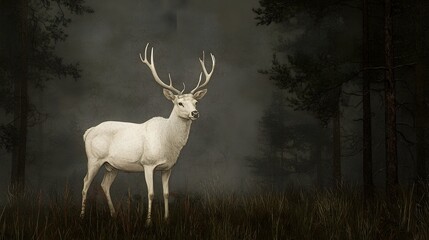 A majestic stag with impressive antlers stands tall and proud in a dense atmospheric forest captured in a classic ink engraving with intricate details