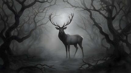 A majestic stag with intricate antlers stands tall and proud in the midst of a dense ethereal forest captured in a classic ink engraving style that evokes a sense of timeless mystery and power