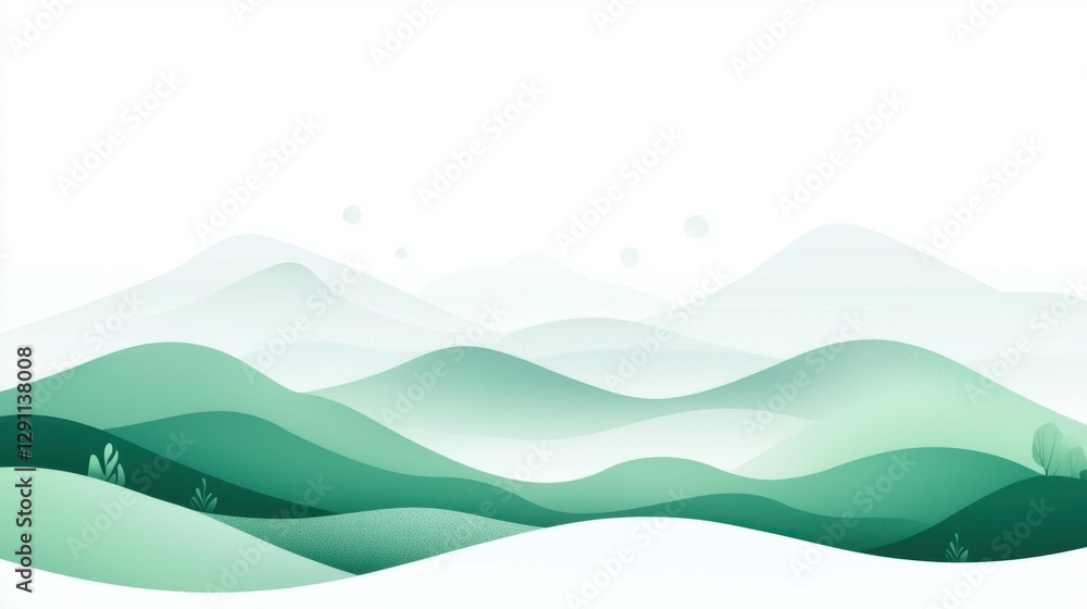 Poster serene green landscape with soft rolling hills and misty atmosphere in vector style for nature theme