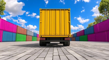 Yellow Truck Trailer Amid Colorful Shipping Containers