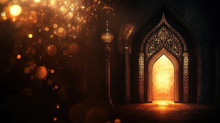 Enchanted doorway illuminated by golden light, surrounded by sparkling particles in a mystical setting
