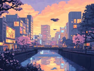 Fototapeta premium Futuristic cityscape at sunset with flying vehicles and reflections in the water, vibrant colors