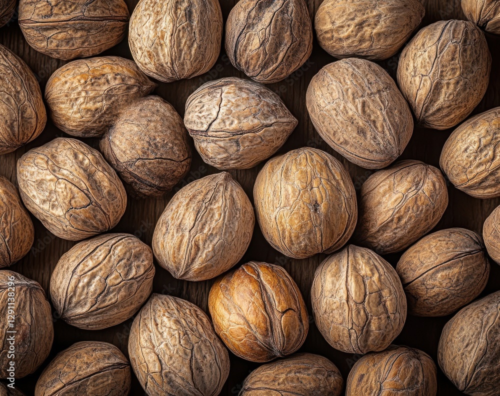 Poster close-up view of raw walnuts in their shells displayed on a wooden surface for nut and healthy eatin