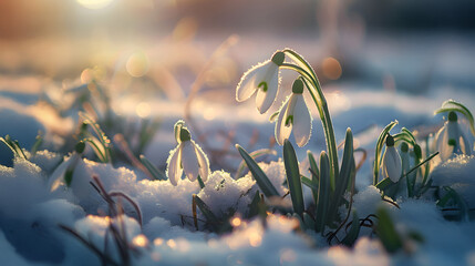 Snowdrop flowers and grass growing from the melting snow, sunshine in the background. Concept of spring coming and winter leaving.