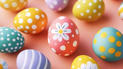 Vibrant Easter Eggs with Polka Dots on Pastel Background, Close-Up View. Joyful Easter Decorations, Cartoon Illustration, Flat Lay Artwork.