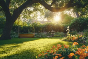Obraz premium Early morning light bathes the garden in softness, highlighting vibrant flowers and a swing hanging from an ancient tree in a peaceful setting. Generative AI