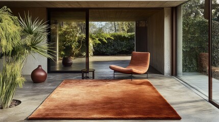 Fototapeta premium A thick textured area rug grounding a warm-toned minimalist living space.
