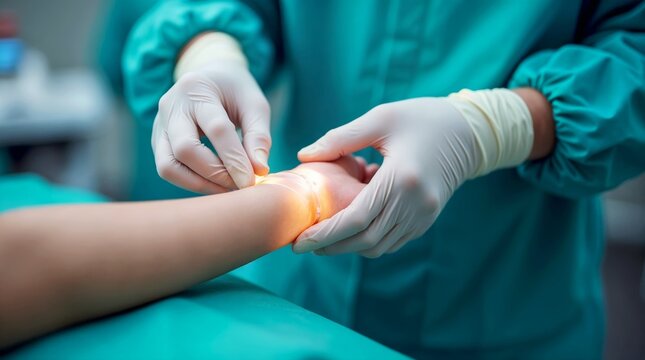 Surgeon's gloved hands carefully placing a flexible artificial skin graft on a patient's forearm in a sterile operating room. Concept of wound healing, regenerative medicine, and advanced surgical tre