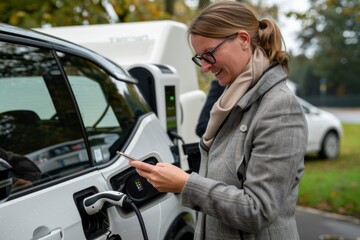A woman uses her smartphone to charge her electric vehicle at an outdoor charging station.