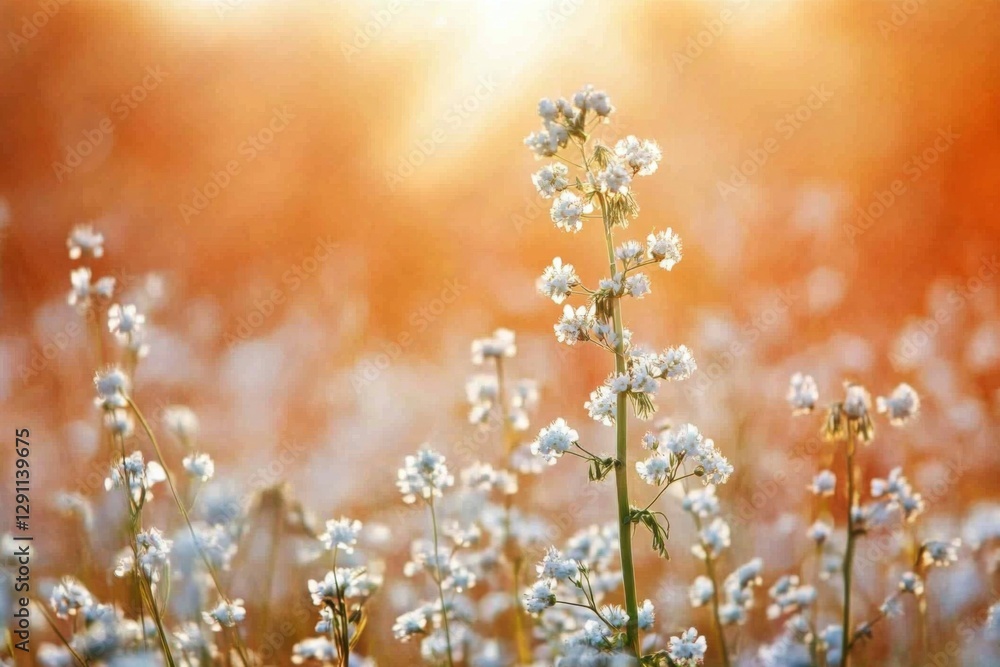 Poster a vibrant display of wildflowers captures golden sunlight at sunset, creating a serene atmosphere in