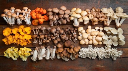 Fototapeta premium A variety of sustainably sourced mushrooms arranged on a wooden surface.