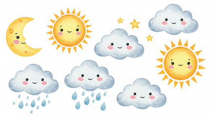 Cute Watercolor Weather Illustrations for Children's Decor