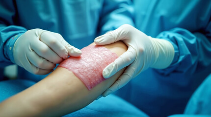 Medical professionals applying an artificial skin graft to a patient's arm in a sterile surgical environment. Concept of wound care, healthcare, and medical treatment.
