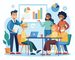 Vector cartoon illustration in a flat style of a group of diverse people leading Diverse Professionals in a Business Discussion