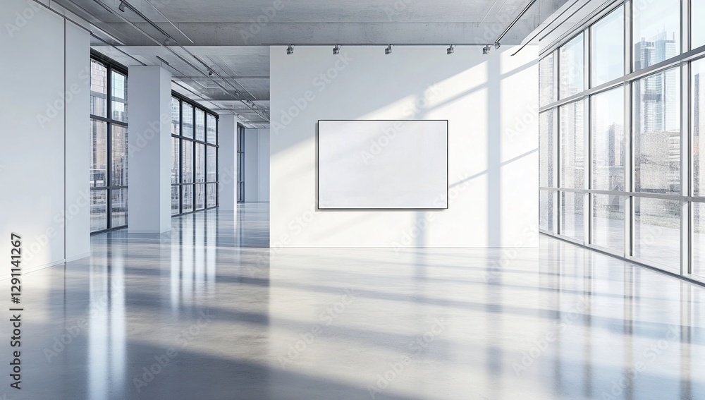 Aufkleber modern gallery interior design: sunlight streams through large windows, illuminating a blank canvas 