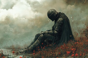 A solitary knight contemplates the landscape in a somber atmosphere