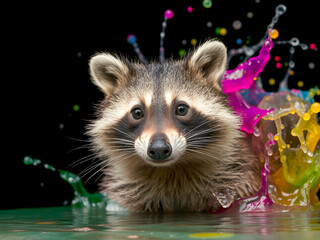 Obraz premium Cute raccoon in water with colorful drops isolated on black background