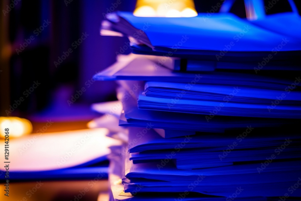 Poster a stack of papers sits on a desk, softly lit by blue light, creating a serene and focused setting. t