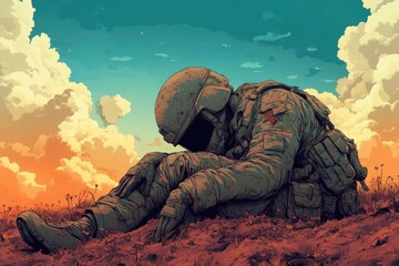 A Depressed Soldier Sitting Alone in a Field of Grass