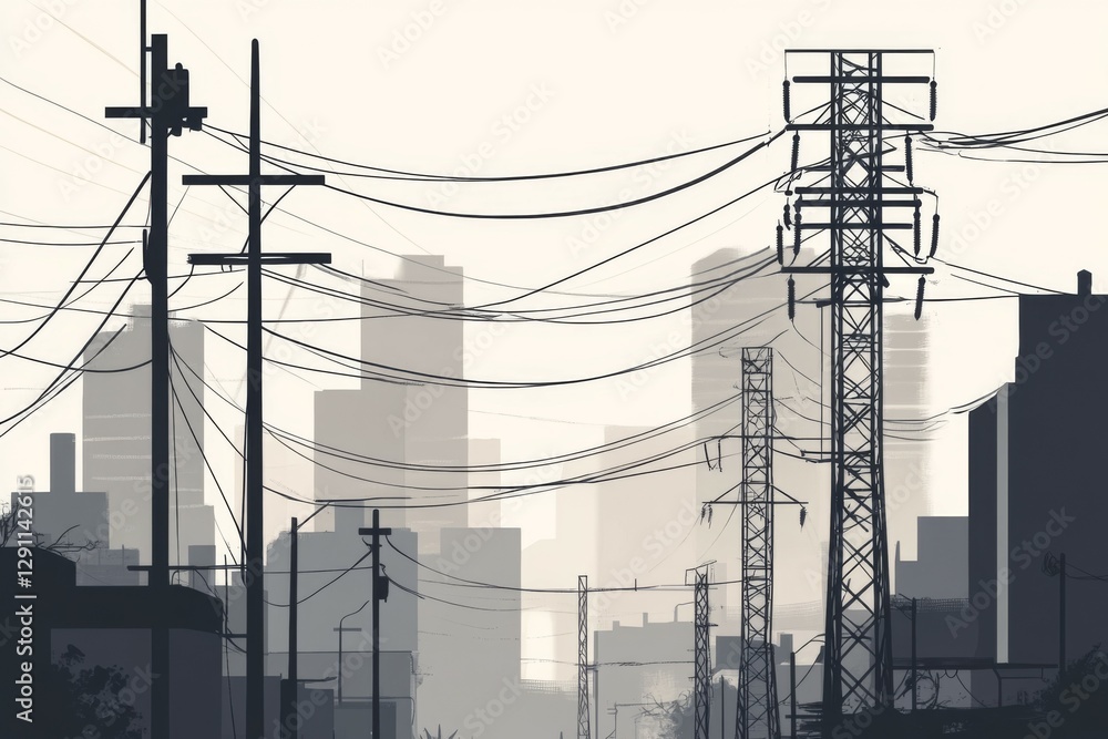 Poster dusk settles over a city skyline, casting dark shadows of buildings while power lines create a web a