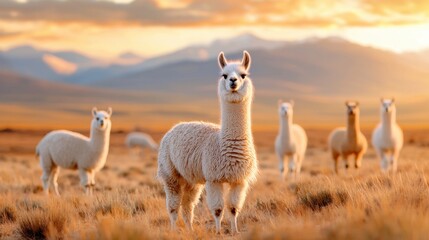 Fototapeta premium Soft and Fluffy Alpacas Grazing in A Beautiful Sunset Landscape with Mountains and Golden Grasses Creating an Idyllic Rural Scene