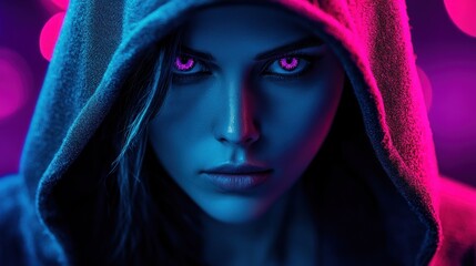 Naklejka premium Mysterious woman in a hooded cloak with glowing eyes in neon lights