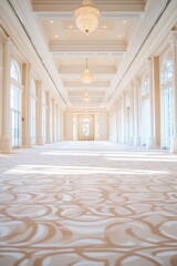 Obraz premium Elegant, bright hallway with patterned carpet and chandeliers. A grand and spacious interior.