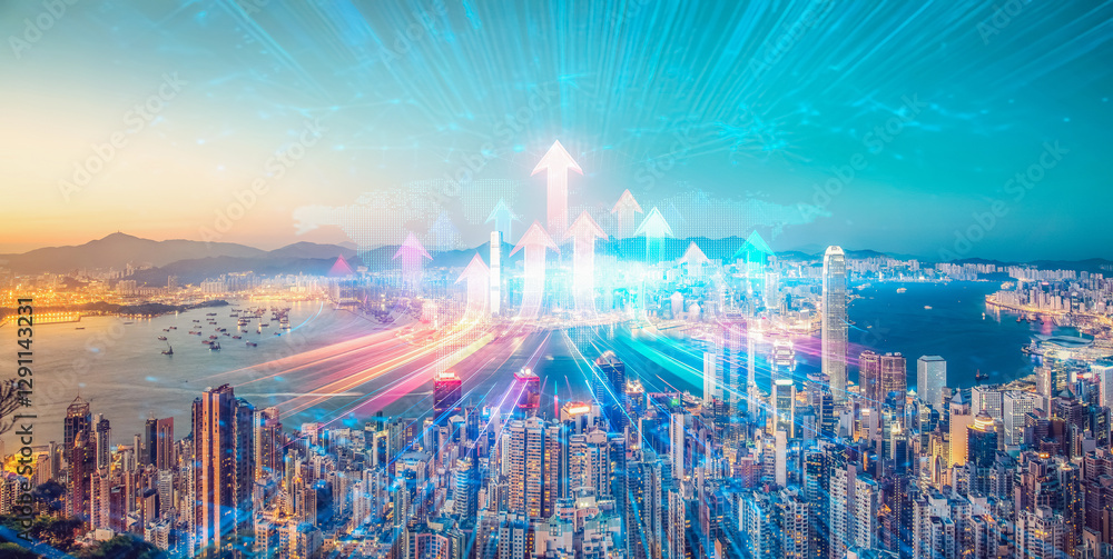 Poster Hong Kong cityscape with arrows showing business growth. A concept of growing up in a dynamic, thriving urban area.