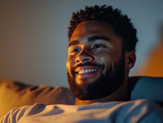 Happy Man Smiling Under Warm Lighting