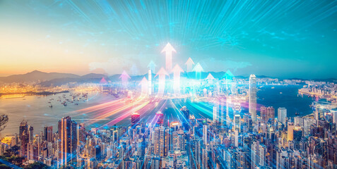 Obraz premium Hong Kong cityscape with arrows showing business growth. A concept of growing up in a dynamic, thriving urban area.