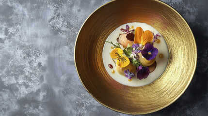 beautifully plated gourmet dish featuring vibrant edible flowers, creamy sauce, and artistic presentation, evoking sense of elegance and culinary artistry