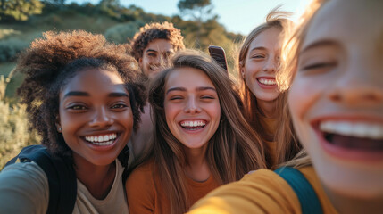 Obraz premium Portrait of a happy family, tourism, travel, people, leisure and technology concept - group of happy laughing teenage friends taking selfie outdoors hyper realistic, Travel Concept, banner 