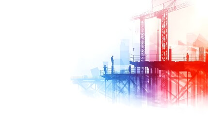 Obraz premium Close up of engineers and construction professionals collaborating on a dynamic construction site plan with a bright colorful double exposure silhouette and architectural blueprint in the background
