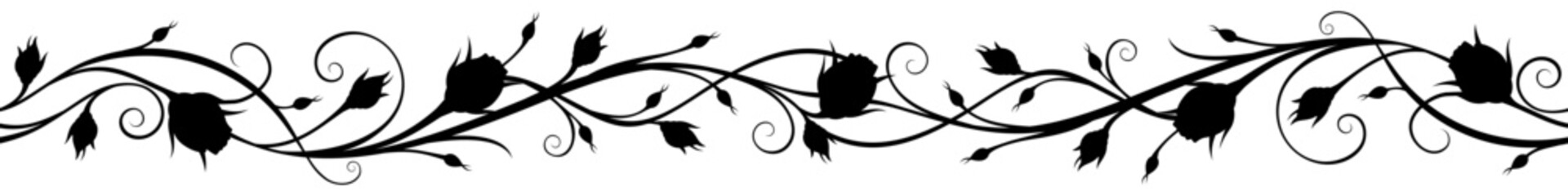 Horizontal seamless border with rosebuds. Floral vignette. Vector black and white illustration