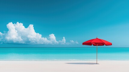 Fototapeta premium Serene Tropical Beach Scene with Red Umbrella, Azure Sky, and Calm Waters for Relaxation and Vacation Imagery