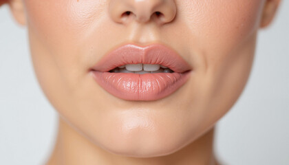 Naklejka premium Close-up of woman smiling with soft lips against a light background