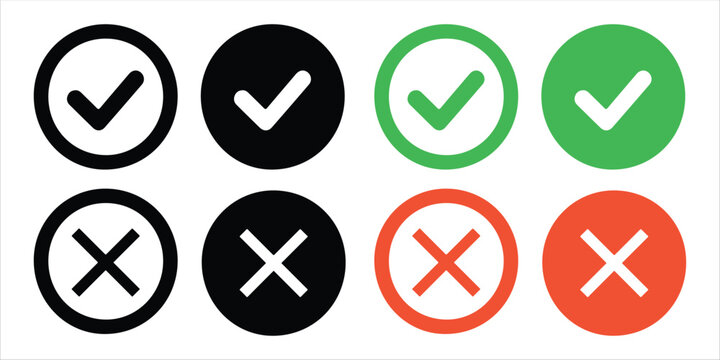 True and false button vector on white background. circle right and wrong icon set