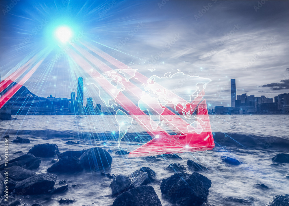Poster hong kong skyline with red arrow pointing down over world map. business concept of growing challenge