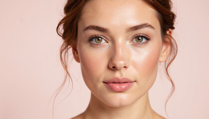 Naklejka premium Close-up portrait of young woman with natural beauty against pink background