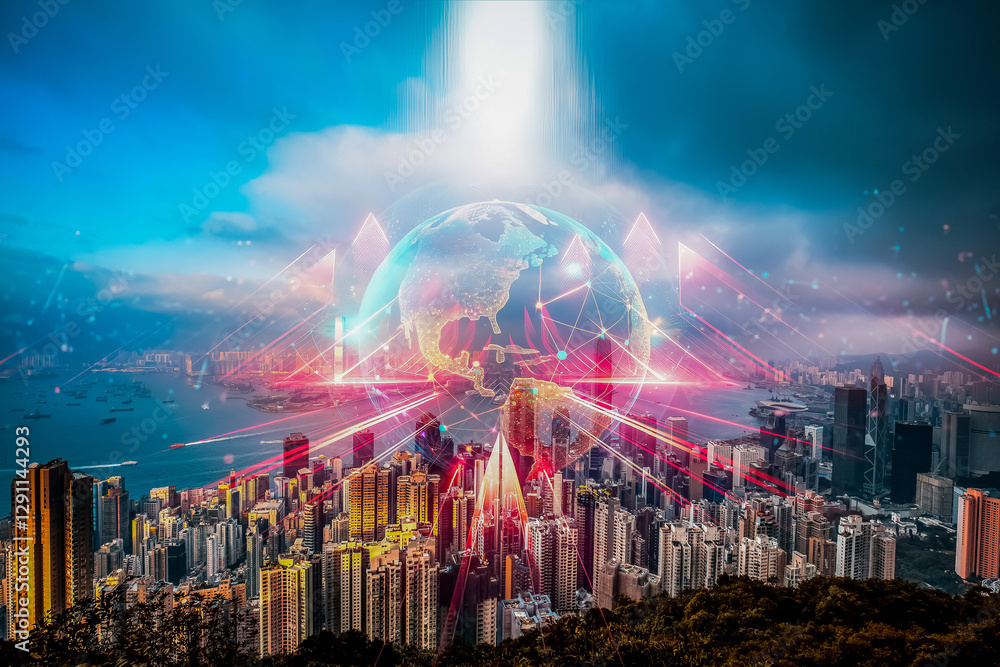 Poster a vibrant hong kong cityscape is overlaid with a digital globe, representing business growth and glo