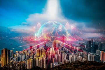 Fototapeta premium A vibrant Hong Kong cityscape is overlaid with a digital globe, representing business growth and global concept. It symbolizes growing up in a connected world.