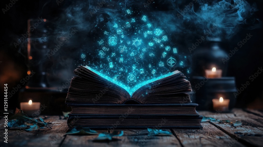 Poster enchanted book with glowing mystical symbols and candles in a dark atmosphere creating a sense of ma