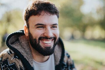 A bearded man smiles warmly while enjoying a sunny day outdoors. He is wearing a cozy, patterned sweater, adding to the warm atmosphere. The natural background enhances his cheerful expression.