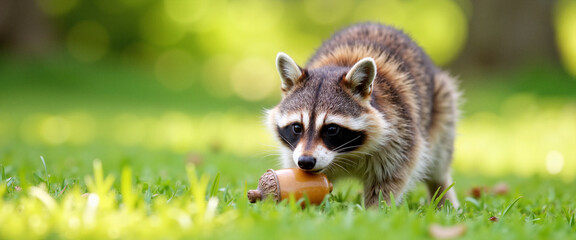 Fototapeta premium Curious raccoon exploring an acorn in sunny park setting, nature's wonder