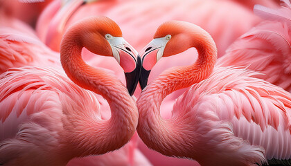 Naklejka premium Beautiful flamingo couple in love forming a heart with their heads surrounded by a wonderland of pink fantasy feather background