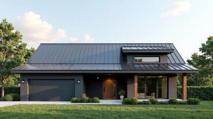 Naklejka premium Modern Dark Gray House with Metal Roof and Wooden Accents, Appealing Curb Appeal Featuring Lush Landscaping