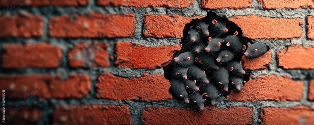 Poster a close-up view of a brick wall with a unique damage pattern and visible textures.