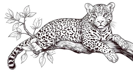 Detailed Ink Engraving of Majestic Jaguar Resting on a Tree Branch in Its Natural Jungle Habitat with Deep Shadows and Intricate Fur Textures