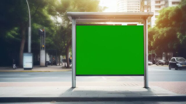 Green screen billboard standing empty at urban bus stop, passing traffic and city buildings creating backdrop for marketing template and advertisement mockup